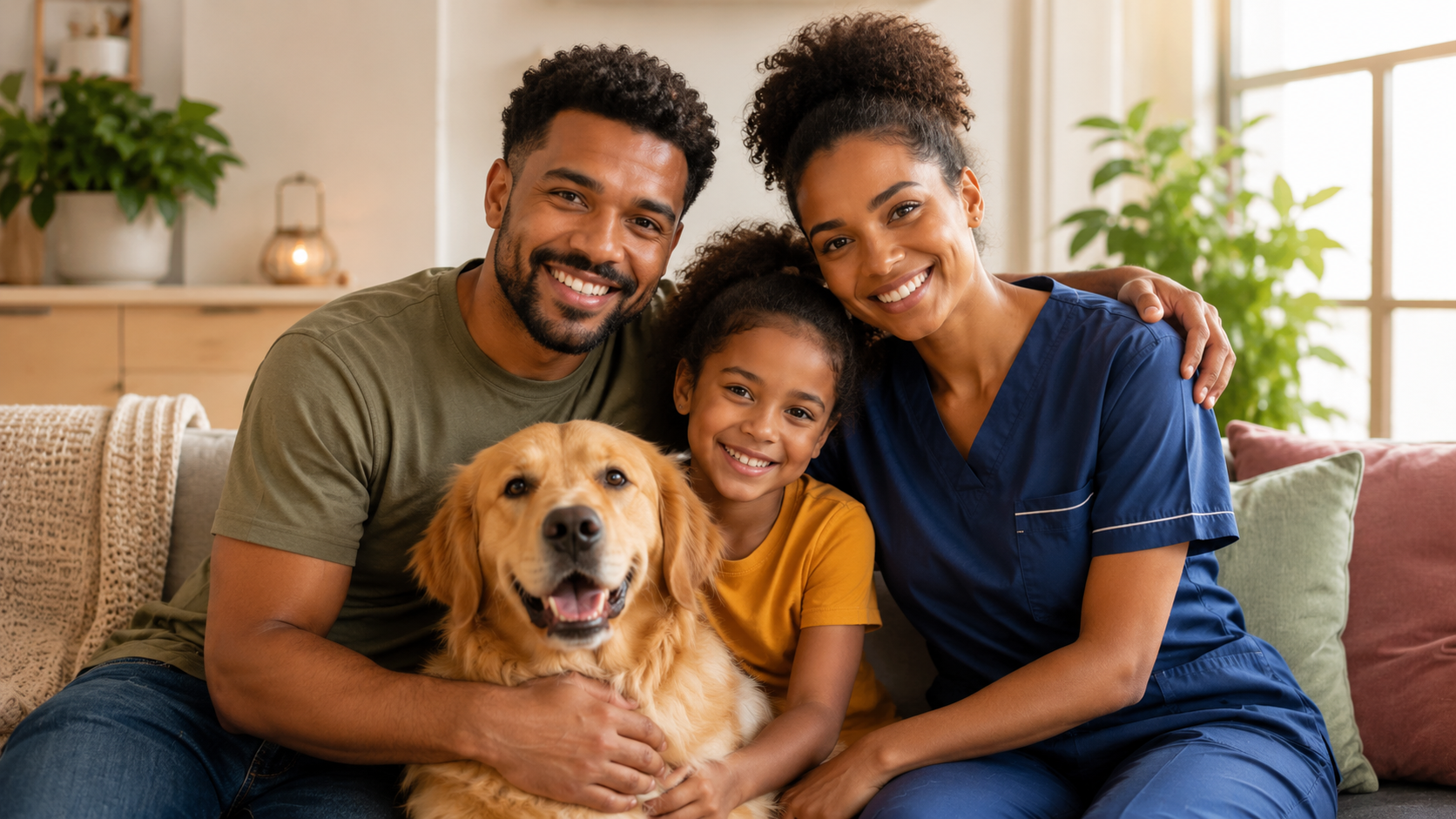 Família de trabalhador do setor pet representando proteção e tranquilidade