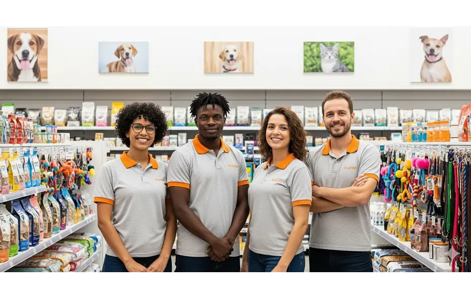 trabalhadores do setor dentro de um pet shop, duas mulheres e dois homens